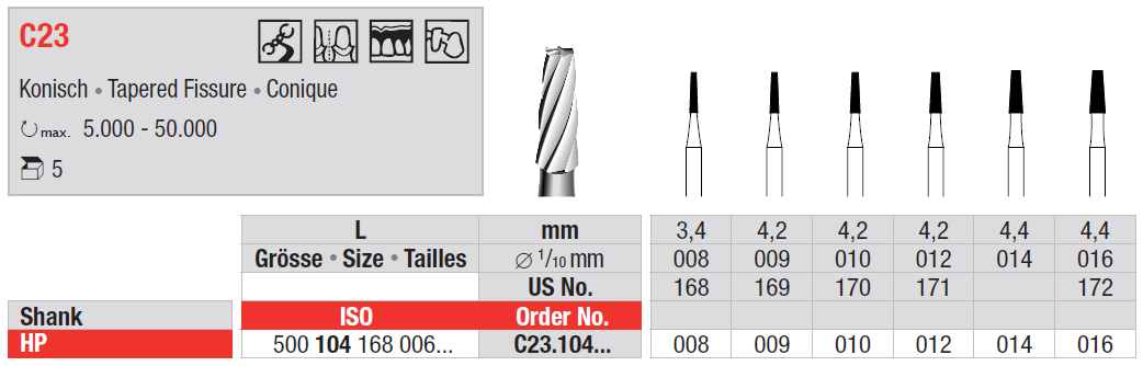 Edenta Tungsten Carbide Bur HP C23 Plain Cut Taper Fissure