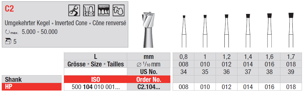 Edenta Tungsten Carbide Bur HP C2 Plain Cut Inverted Cone