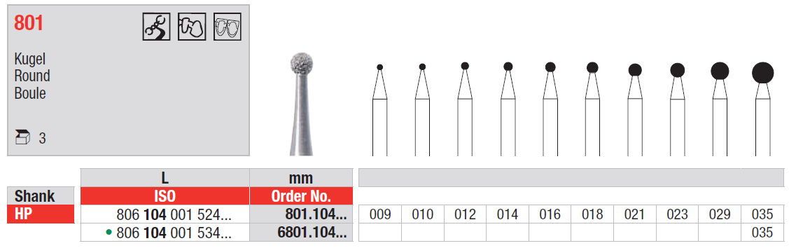 Edenta HP D801 round diamond bur for dental preparation