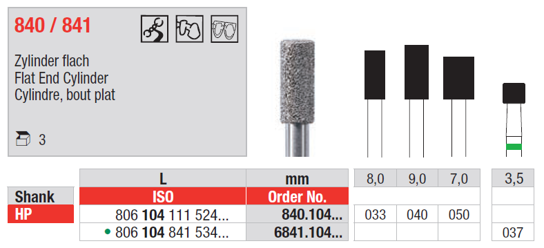 DIAMOND BUR HP D840 FLAT END CYLINDER EDENTA