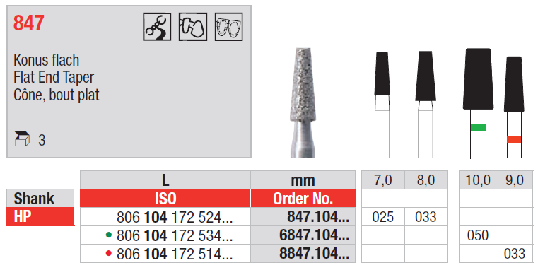 Edenta HP D847 flat end taper diamond bur for dental preparation