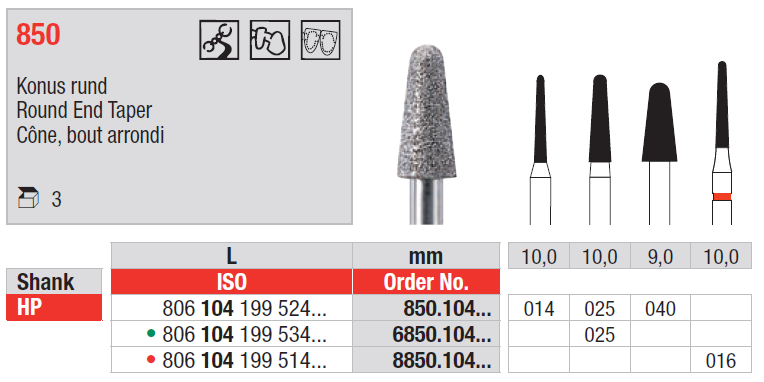 Edenta HP D850 round end taper diamond bur for dental preparation