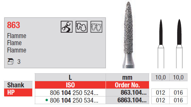 Edenta HP D863 flame diamond bur for dental preparation