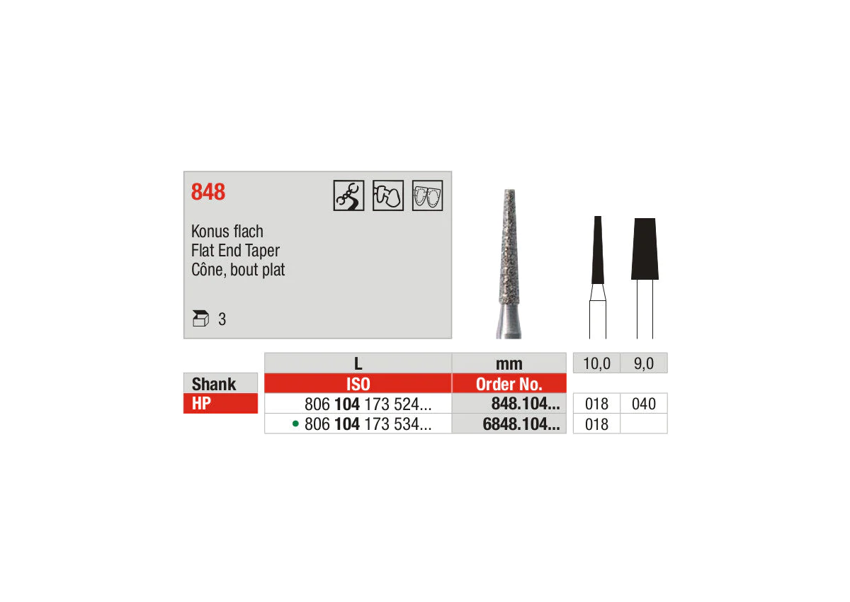 Edenta HP D848 flat end taper long diamond bur for dental preparation