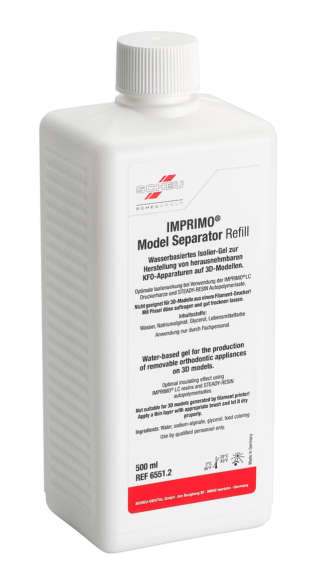 White bottle of IMPRIMO Model Separator Refill for 3D dental models, 500 ml, Scheu logo on label.