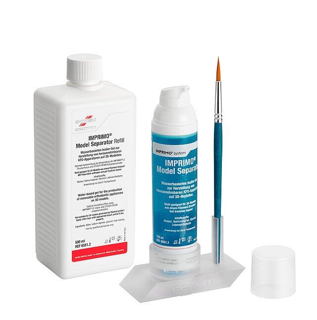 IMPRIMO model separator kit including a large white refill bottle, a blue label bottle, a fine brush, and a stand on a white background.