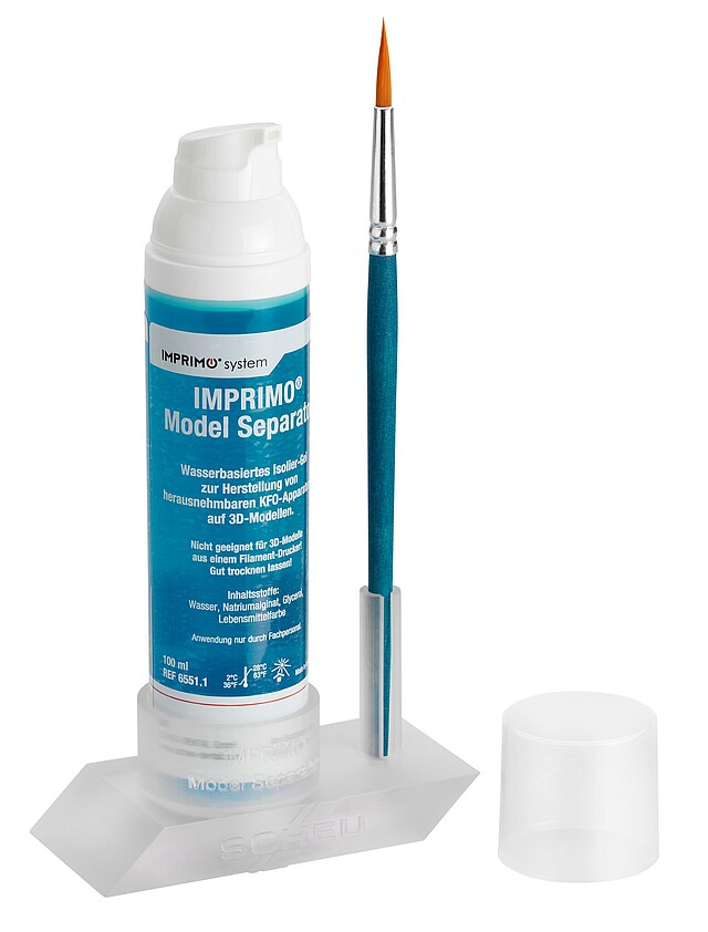 IMPRIMO Model Separator kit featuring a bottle of liquid, a fine blue handle brush, and white stand on a white background.