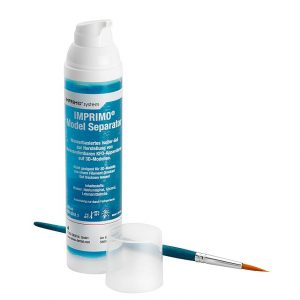 Bottle of IMPRIMO Model Separator with white cap and blue label, accompanied by a blue brush.
