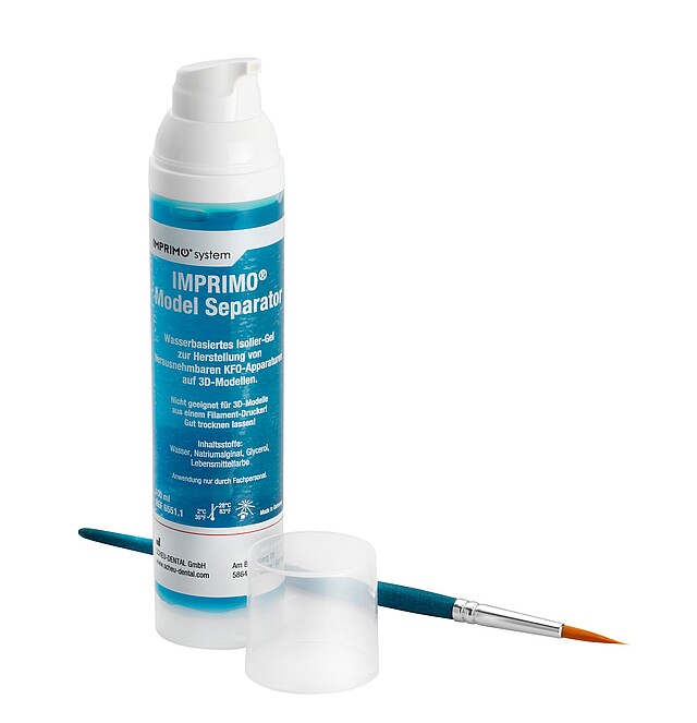 Bottle of IMPRIMO Model Separator with white cap and blue label, accompanied by a blue brush.