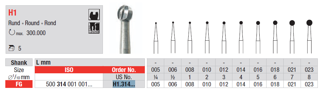 CARBIDE BUR FG ROUND PLAIN CUT H1 1 pcs EDENTA
